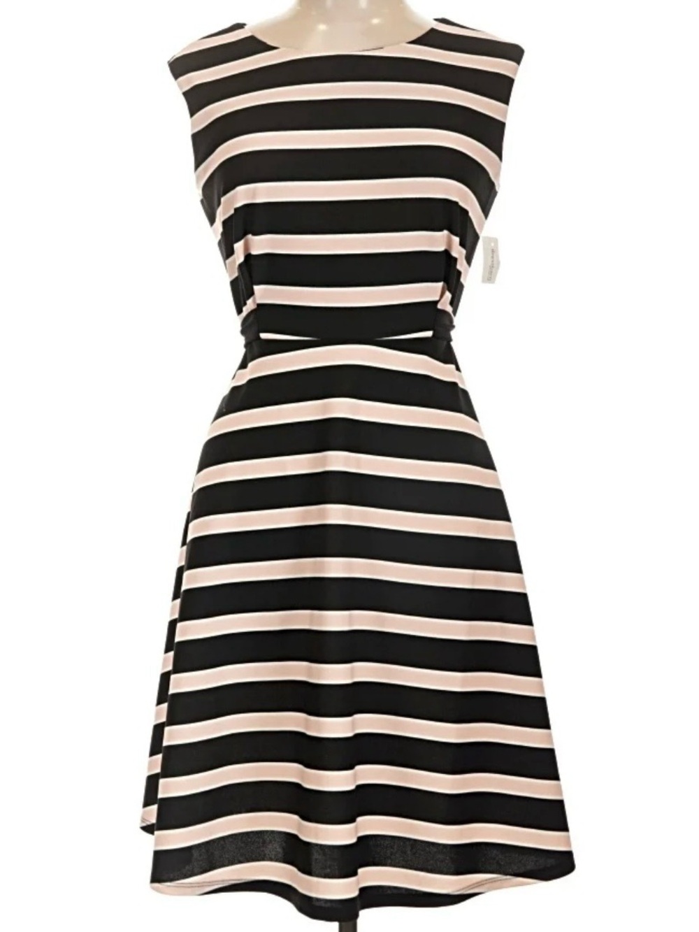 NEW Size 12P Roz & Ali Black Pink Striped Waist Tie Sleeveless A-Line Dress